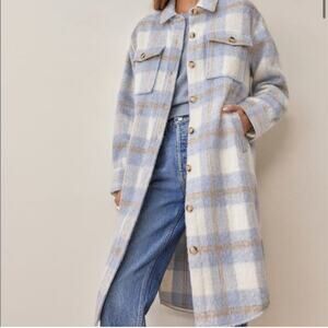 Reformation Ainslie Button Up Flannel Oversized Jacket Light Blue White Plaid L